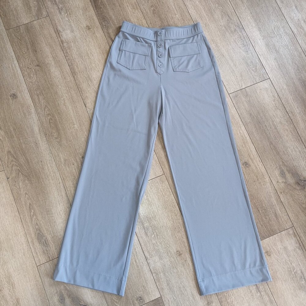 HALARA Straight Leg Pants in Light Gray with Button Front